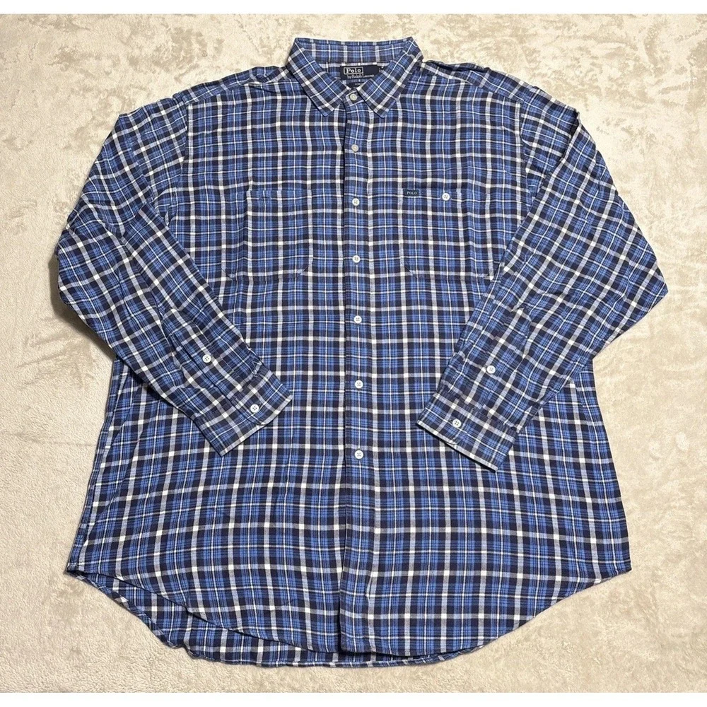 Vintage Polo Ralph Lauren Crowley Shirt Men's Size XL Blue Plaid Long Sleeve